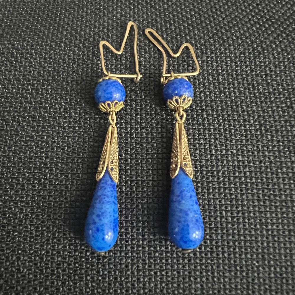 Vintage Gold Tone Filigree Blue Stone Drop Dangle Earrings 2.25 Inch Cottagecore